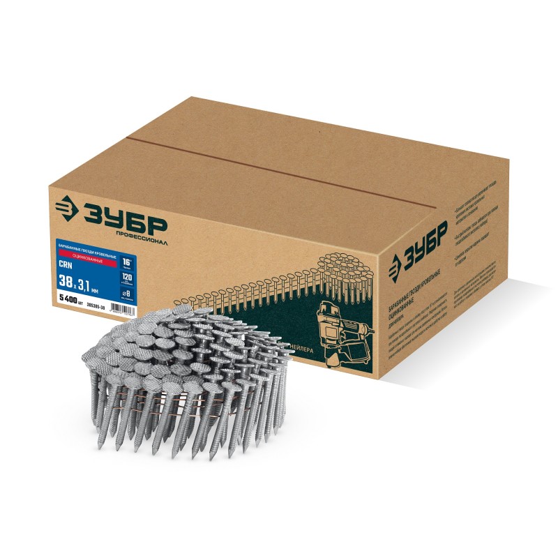 Барабанные гвозди кровельные оцинкованные 5400 шт. CRN 38x3.1 мм Зубр 305385-38