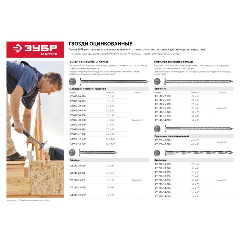 Гвозди винтовые, коробка 5 кг, серия МАСТЕР Зубр 305270-34-070