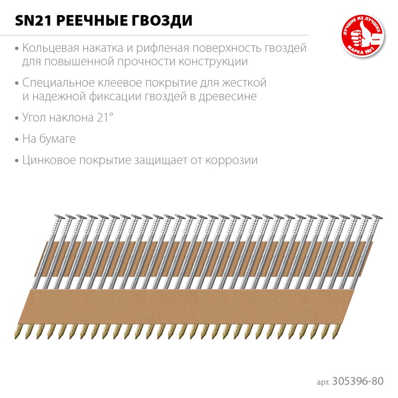 Реечные гвозди рифленые оцинкованные SN21 80х3.1 мм 2000 шт. Зубр 305396-80