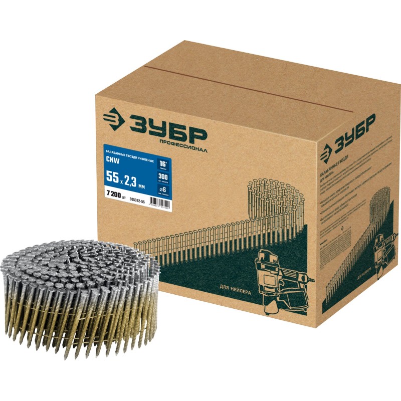 Барабанные гвозди рифленые CNW 55х2.3 мм 7200 шт. Зубр 305382-55