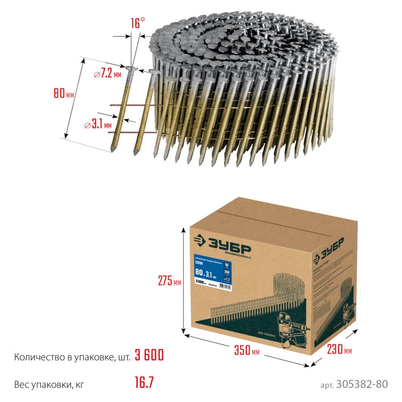 Барабанные гвозди рифленые CNW 80х3.1 мм 3600 шт. Зубр 305382-80