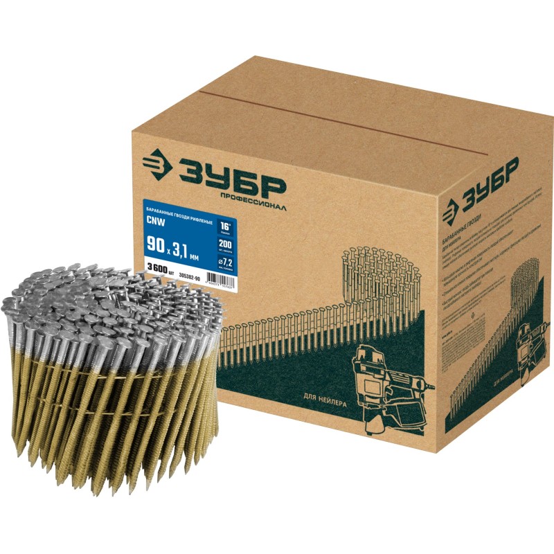 Барабанные гвозди рифленые CNW 90х3.1 мм 3600 шт. Зубр 305382-90