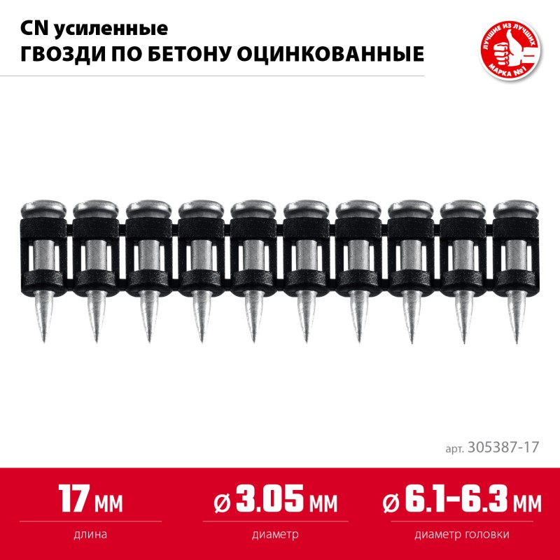 Гвозди по бетону оцинкованные CN усиленные bullet point 17х3.05 мм 1000 шт.  Зубр 305387-17