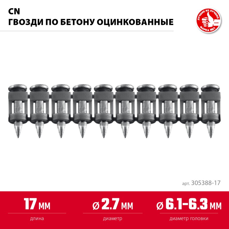 Гвозди по бетону оцинкованные CN 17х2.7 мм 1000 шт. Зубр 305388-17
