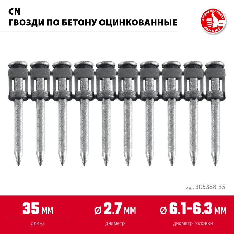 Гвозди по бетону оцинкованные CN 35х2.7 мм 1000 шт.  Зубр 305388-35