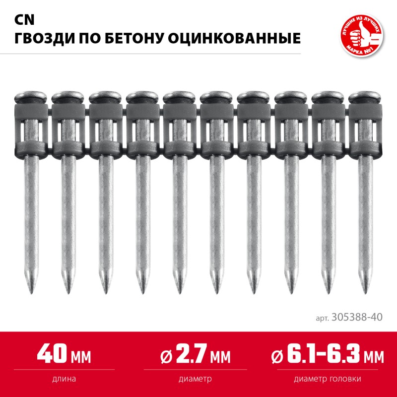 Гвозди по бетону оцинкованные CN 40х2.7 мм 1000 шт.  Зубр 305388-40