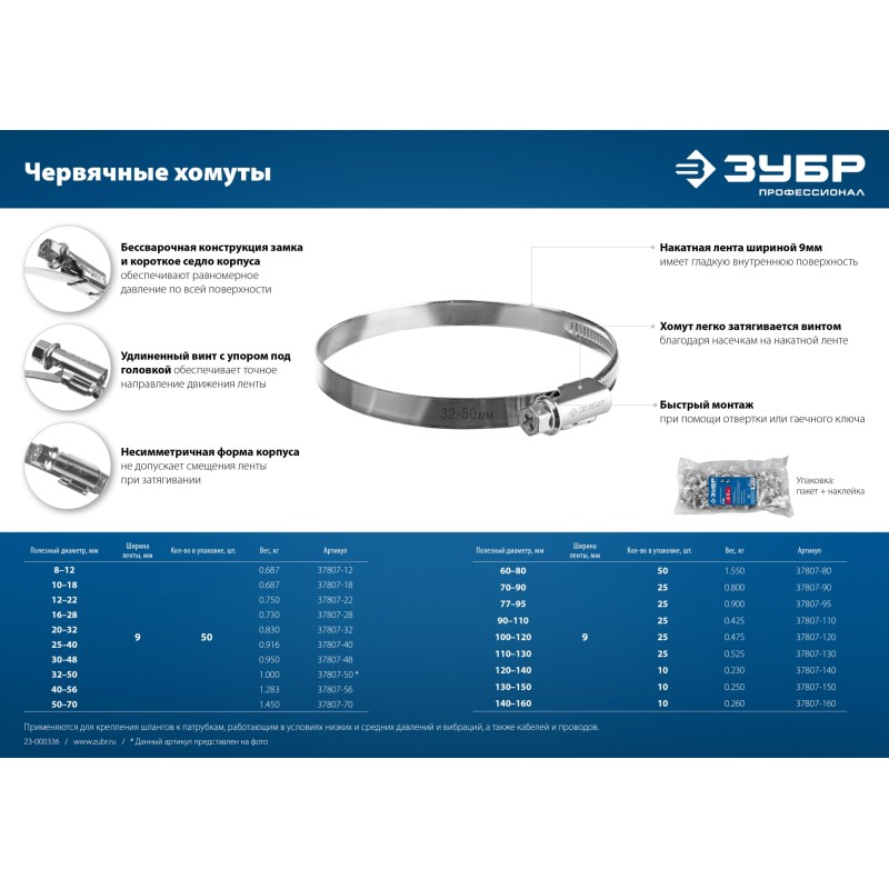 Червячный хомут Х-9Н 60-80мм 50 шт Зубр 37807-80
