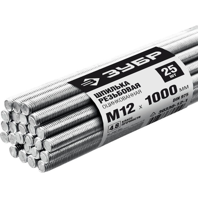 Шпилька резьбовая DIN 975, М12x1000мм, 25 шт, класс прочности 4.8, оцинкованная Зубр 30330-12-1