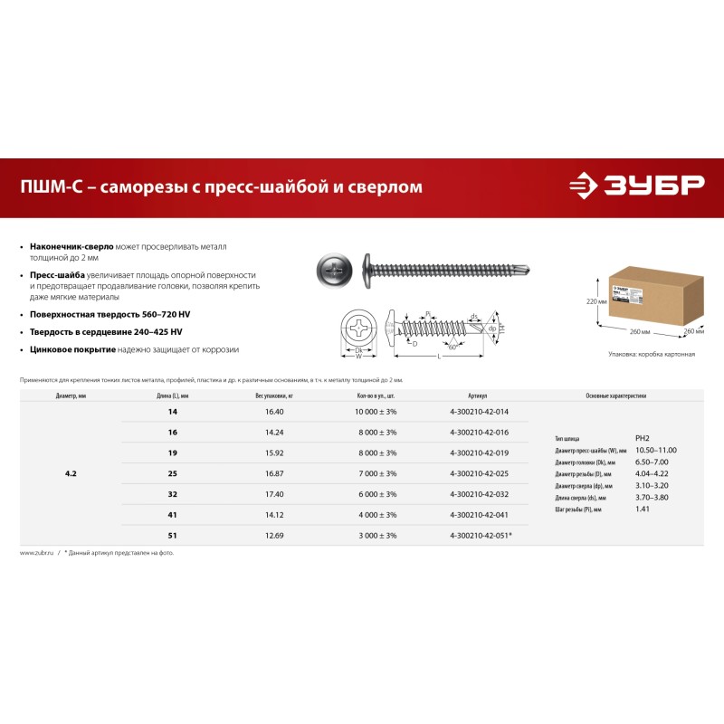 Саморез с пресс-шайбой и сверлом цинк 14.12 кг ПШМ-С 41x4.2 мм Зубр 4-300210-42-041_z01