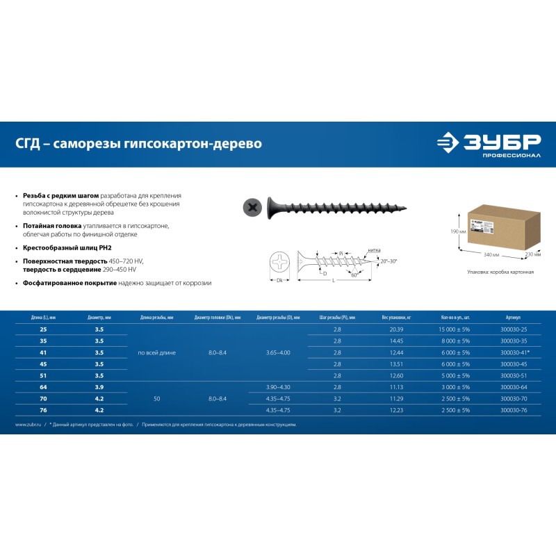 Саморез гипсокартон-дерево фосфат СГД 64х3.9 мм 11.13 кг Зубр 300030-64
