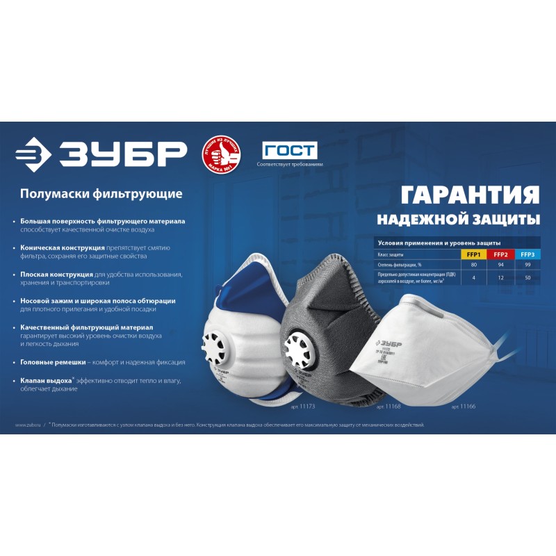 Коническая полумаска фильтрующая ФК-80 FFP 1 с клапаном Зубр 11163_z01 Коническая полумаска фильтрующая ФК-80 FFP 1 с клапаном Зубр 11163_z01