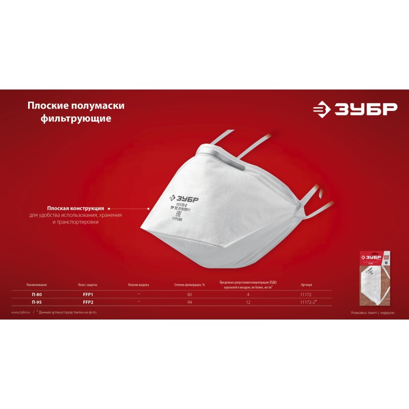 Фильтрующая полумаска FFP2 ЗУБР П-95 11172-2