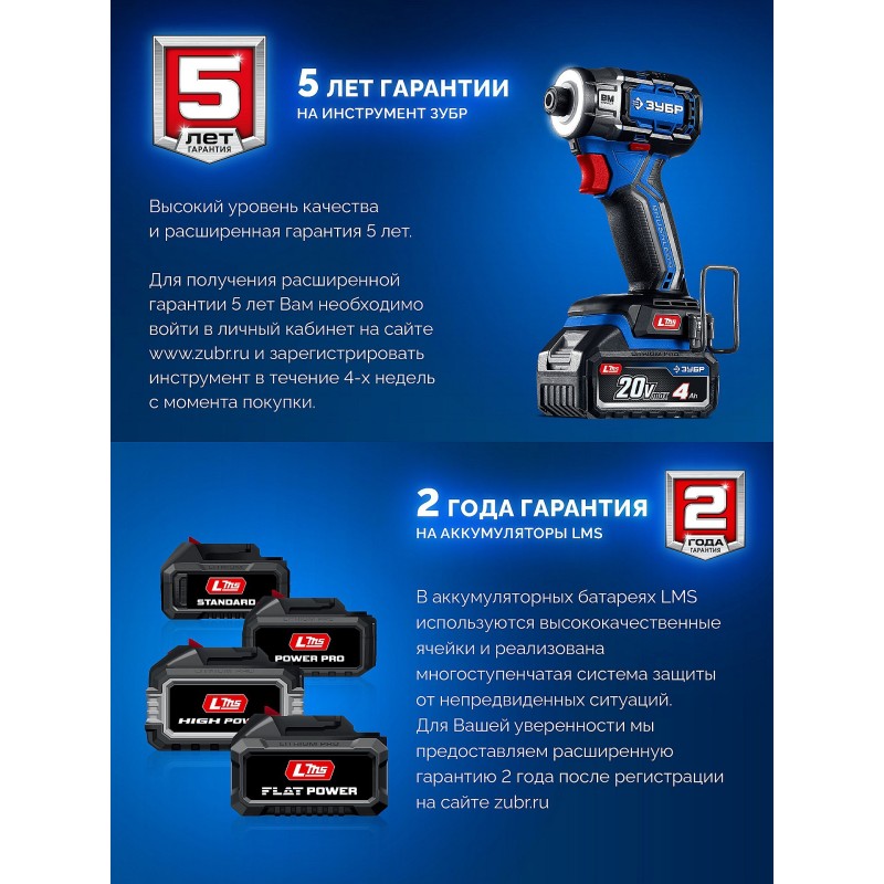 Бесщеточный ударный винтоверт 20 В, 190 Нм, 2 АКБ LMS (2 Ач), кейс Зубр GVB-190-22