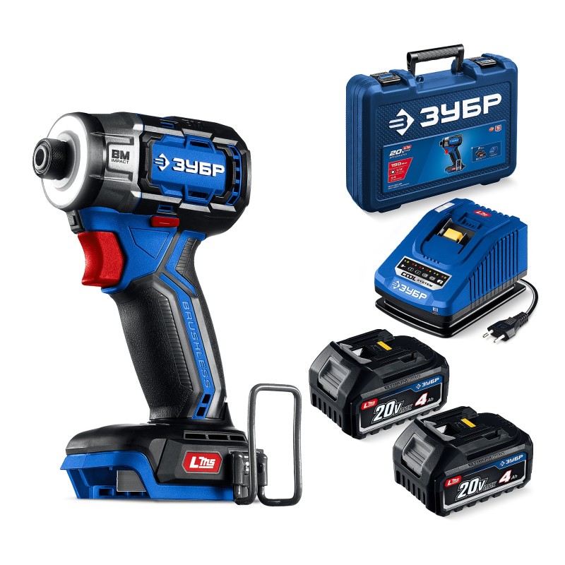 Бесщеточный ударный винтоверт 20 В, 190 Нм, 2 АКБ LMS (4 Ач), кейс Зубр GVB-190-42