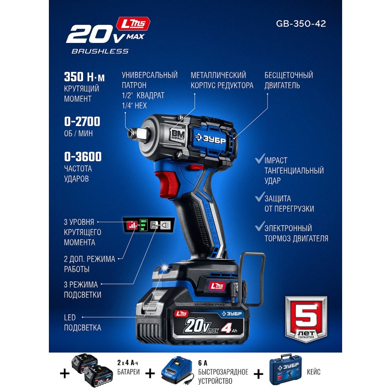 Бесщеточный ударный гайковерт 20 В, 350 Нм, 2 АКБ LMS (4 Ач),кейс Зубр GB-350-42