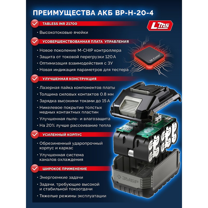 Аккумулятор LMS High Power 20 В, 4.0 Ач Зубр BP-H-20-4
