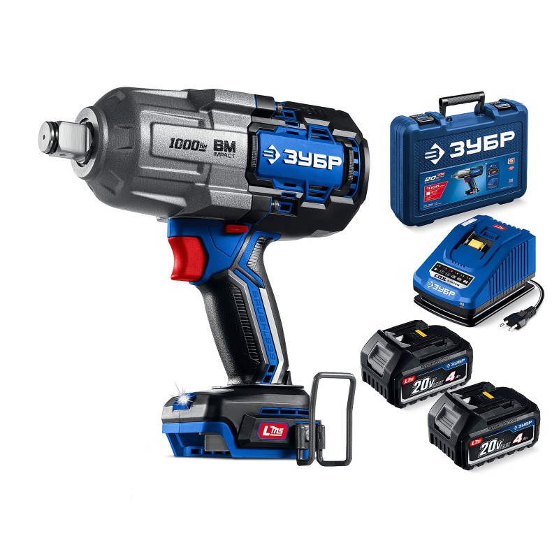 Бесщеточный ударный гайковерт 20 В, 1000 Нм, 2 АКБ LMS (4 Ач), кейс Зубр GB-1000-42