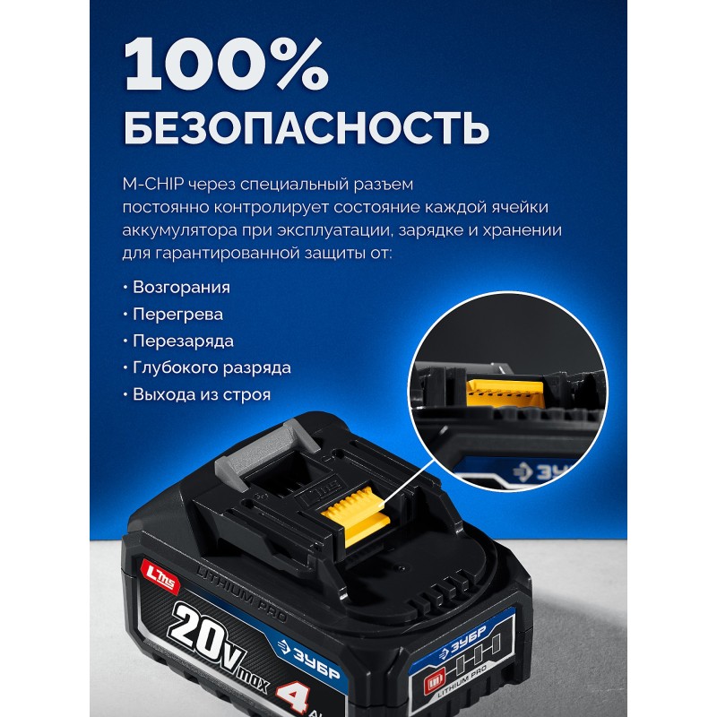 Бесщеточный ударный гайковерт 20 В, 1000 Нм, 2 АКБ LMS (4 Ач), кейс Зубр GB-1000-42