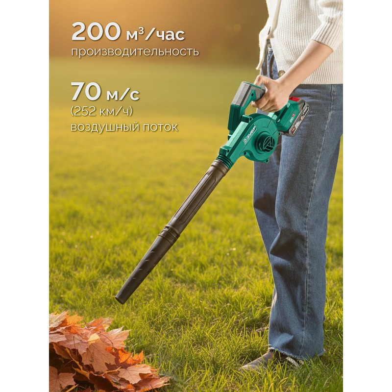 Аккумуляторная воздуходувка-пылесос 20 В, 200 м3/ч, 1 АКБ LMS (2 Ач) Зубр ВА-200-21