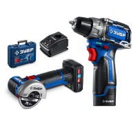 Набор КОМПАКТ #5: дрель-шуруповерт + мини УШМ + LED фонарь Зубр DB-121-42AB (12 В, 45 Нм, 2 АКБ тип Т7 (4 и 2 Ач), кейс)
