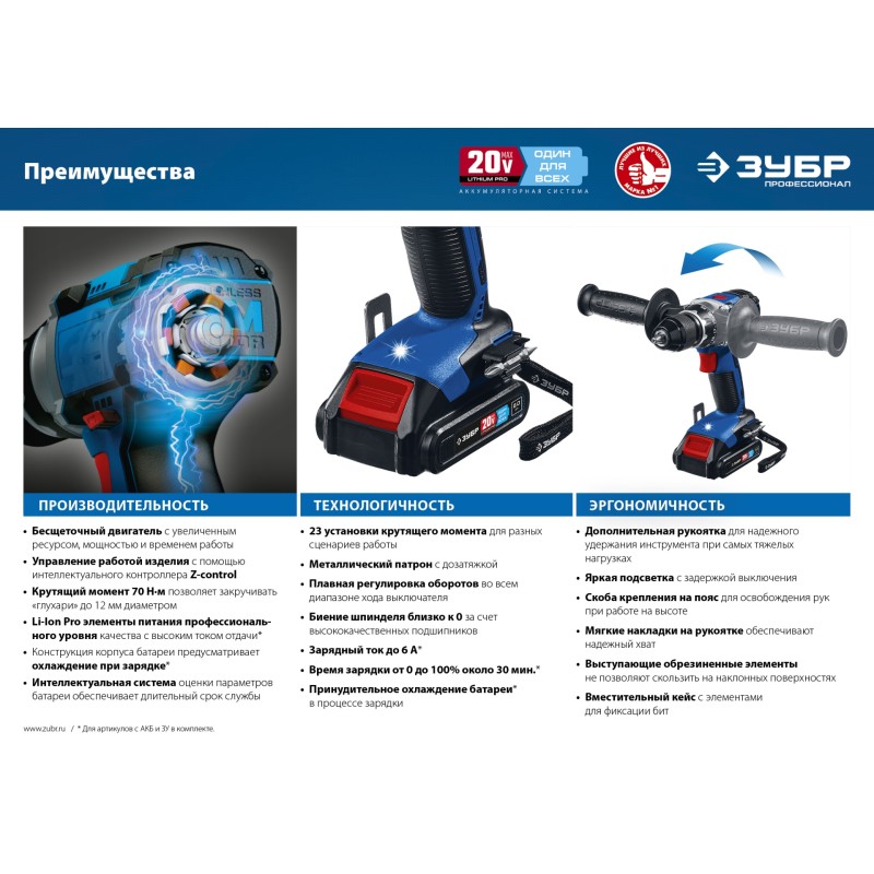 Аккумуляторная бесщеточная дрель-шуруповерт Зубр DB-201-22