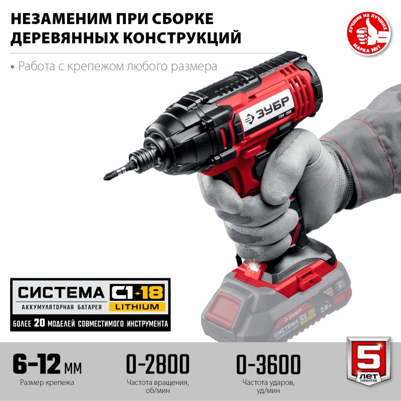 Аккумуляторный ударный винтоверт Зубр ГВЛ-255