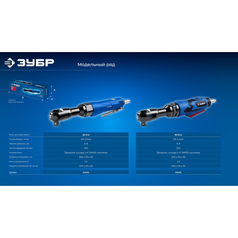 Пневмотрещотка ПТР-60, 1/2", 61 Нм Зубр 64440