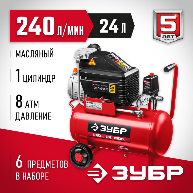 Компрессор воздушный ЗУБР КПМ-240-24 H6