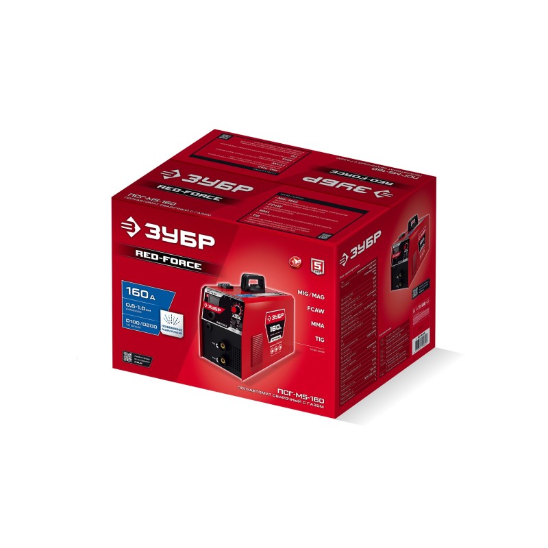 Полуавтомат сварочный с газом/без газа RED FORCE, MIG / MAG, FCAW, MMA, TIG, 160 А Зубр ПСГ-М5-160