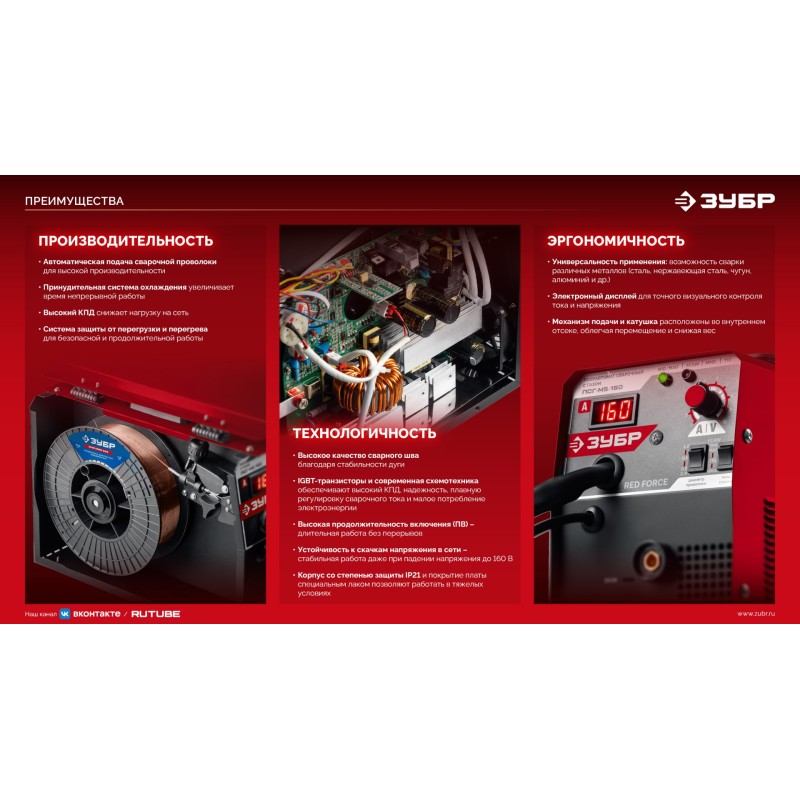 Полуавтомат сварочный с газом/без газа RED FORCE, MIG / MAG, FCAW, MMA, TIG, 160 А Зубр ПСГ-М5-160