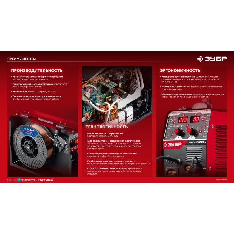 Полуавтомат сварочный MASTER, MIG / MAG, FCAW, MMA, TIG, 220 А Зубр ПСГ-М8-220
