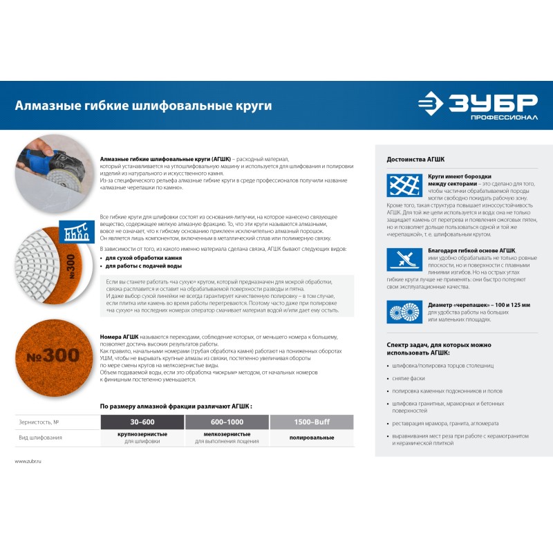 Алмазный гибкий шлифовальный круг АГШК 125 мм, №200, мокрое шлифование Зубр 29867-200