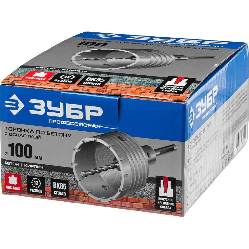 Коронка по бетону с державкой 100 мм SDS-max, 12Т Зубр 2918-100