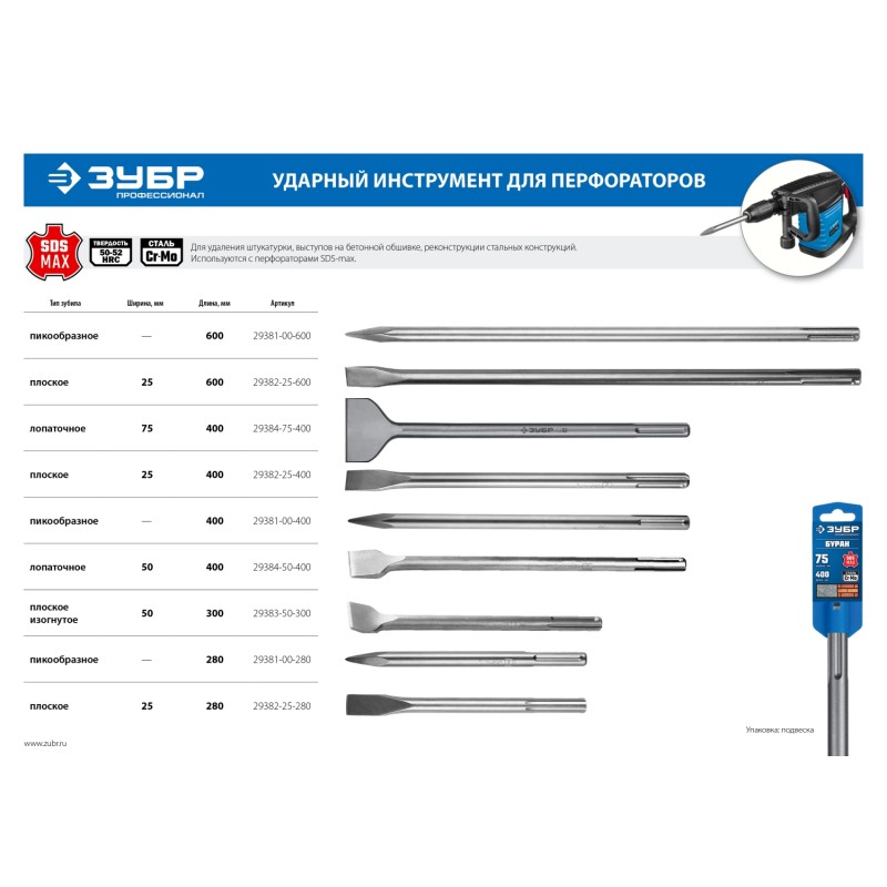 Плоское зубило БУРАН 25x400 мм SDS-max Зубр 29382-25-400_z01 Плоское зубило БУРАН 25x400 мм SDS-max Зубр 29382-25-400_z01