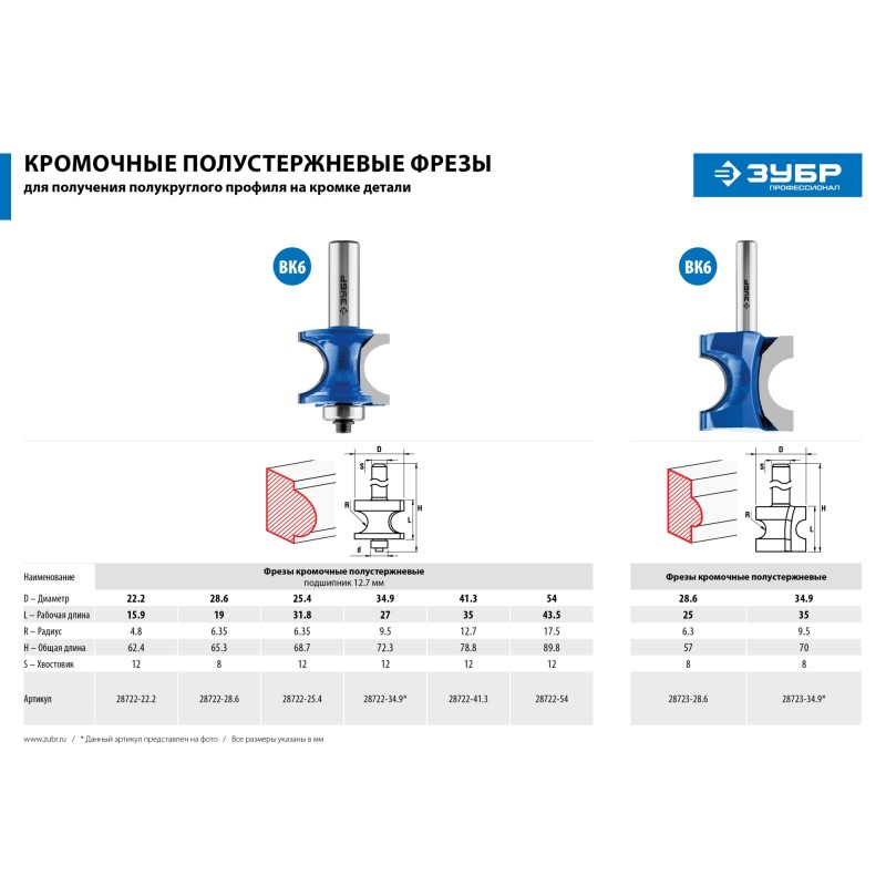 Фреза полустержневая с подшипником 54x51 мм, радиус 12.7 мм Зубр 28722-54 Фреза полустержневая с подшипником 54x51 мм, радиус 12.7 мм Зубр 28722-54