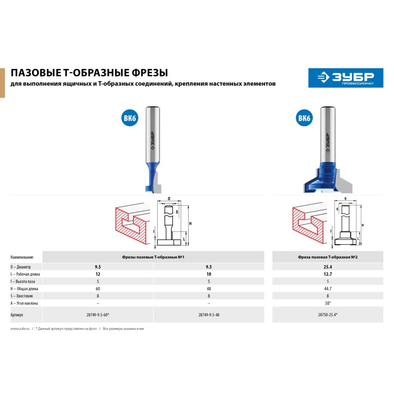 Фреза пазовая Т-образная №1 9.5x12 мм, высота 5 мм Зубр 28749-9.5-60