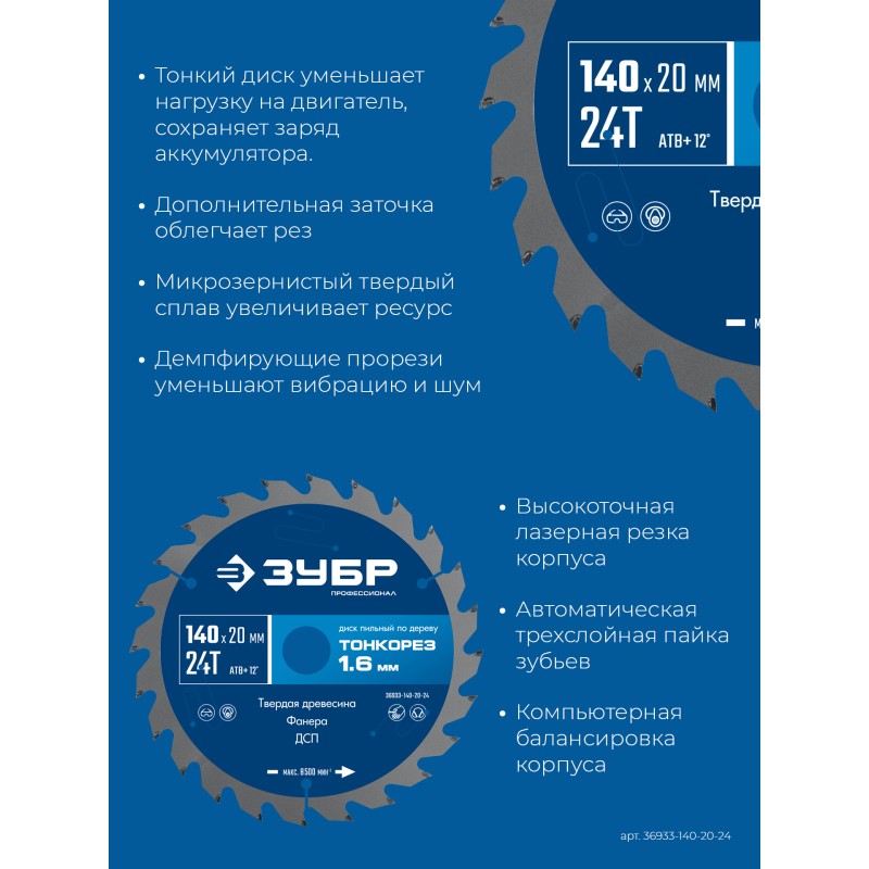 Диск пильный по дереву Тонкорез 140х20x1.6 мм, 24Т Зубр 36933-140-20-24