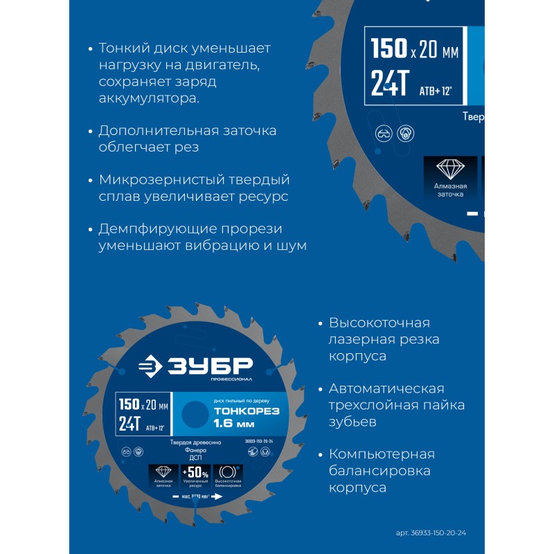 Диск пильный по дереву Тонкорез 150х20x1.6 мм, 24Т Зубр 36933-150-20-24