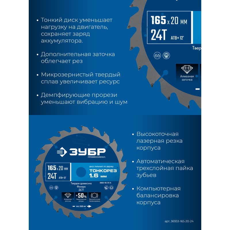 Диск пильный по дереву Тонкорез 165х20x1.6 мм, 24Т Зубр 36933-165-20-24