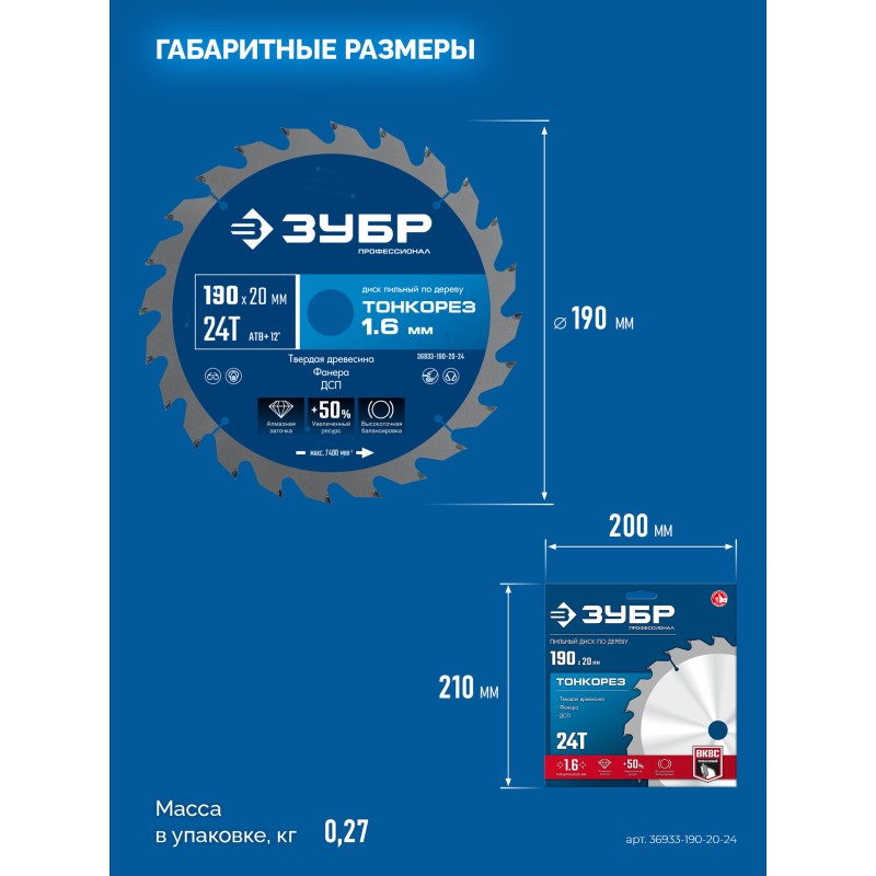 Диск пильный по дереву Тонкорез 190х20x1.6 мм, 24Т Зубр 36933-190-20-24