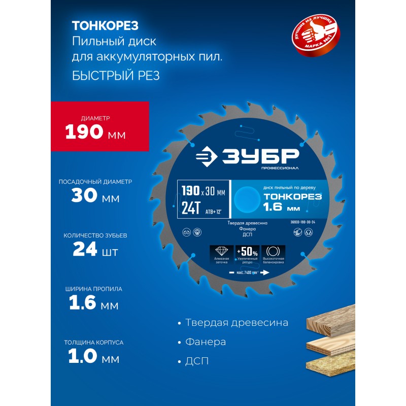 Диск пильный по дереву Тонкорез 190х30x1.6 мм, 24Т Зубр 36933-190-30-24