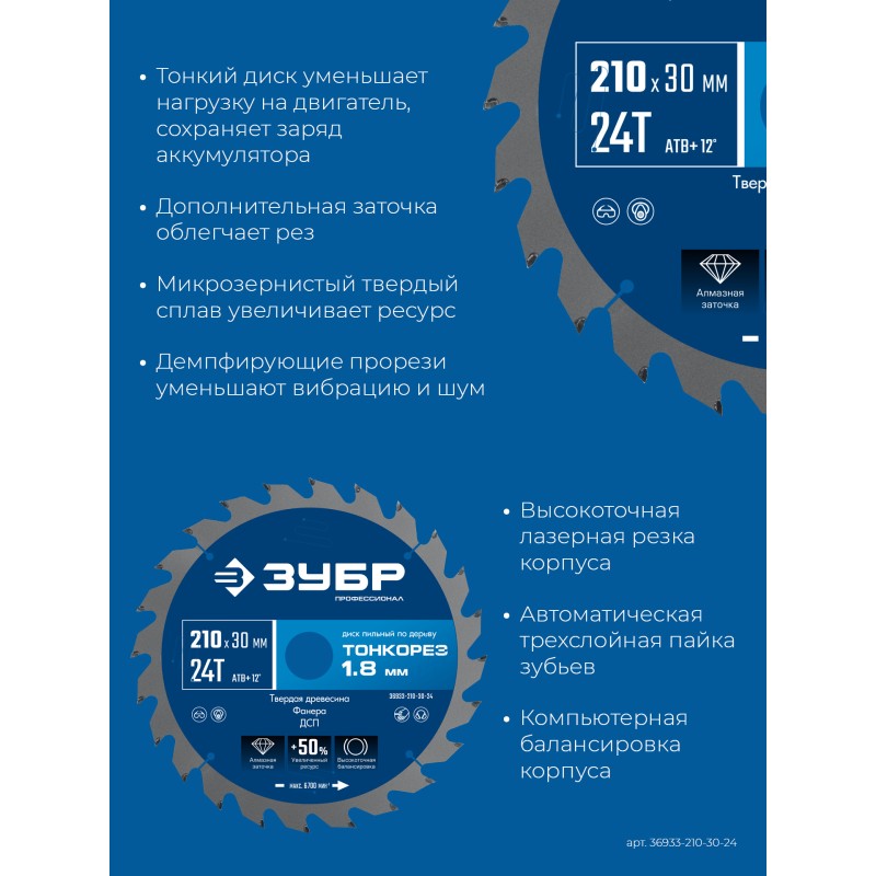 Диск пильный по дереву Тонкорез 210х30x1.8 мм, 24Т Зубр 36933-210-30-24