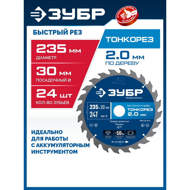 Диск пильный по дереву Тонкорез 235х30x2.0 мм, 24Т Зубр 36933-235-30-24