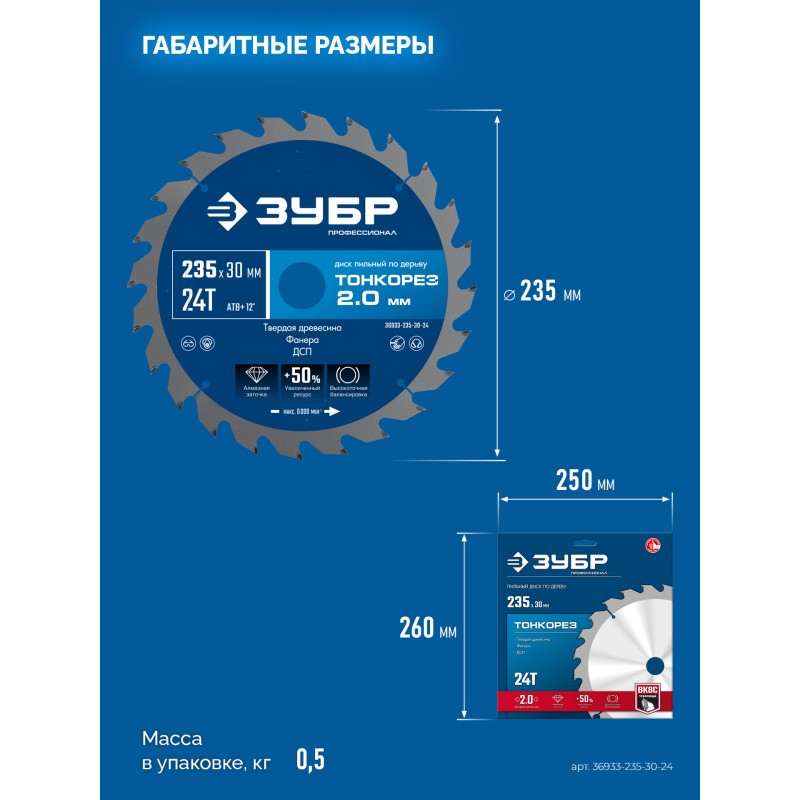 Диск пильный по дереву Тонкорез 235х30x2.0 мм, 24Т Зубр 36933-235-30-24