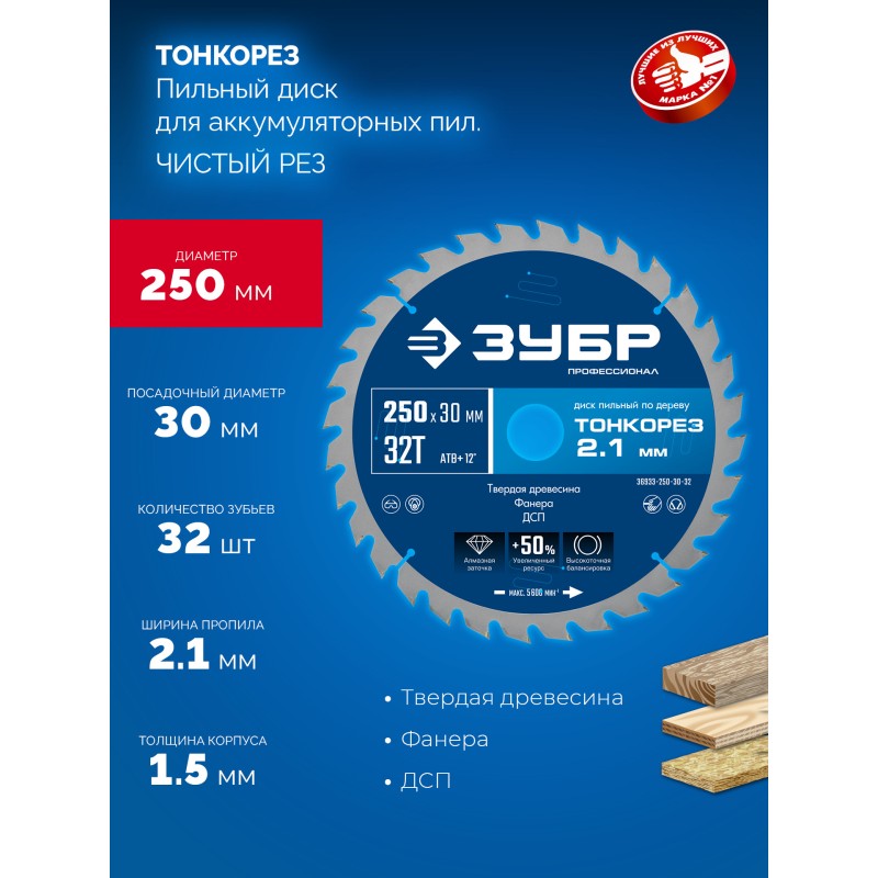 Диск пильный по дереву Тонкорез 250х30x2.1 мм, 32Т Зубр 36933-250-30-32