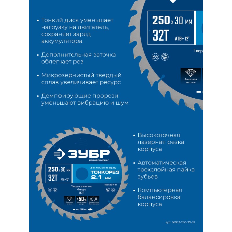 Диск пильный по дереву Тонкорез 250х30x2.1 мм, 32Т Зубр 36933-250-30-32