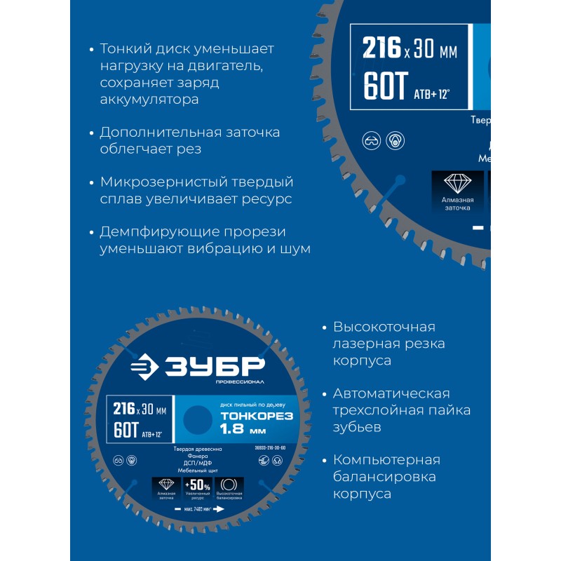 Диск пильный по дереву Тонкорез 216х30x1.8 мм, 60Т Зубр 36933-216-30-60