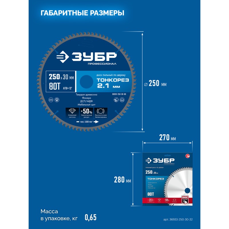 Диск пильный по дереву Тонкорез 250х30x2.1 мм, 80Т Зубр 36933-250-30-80