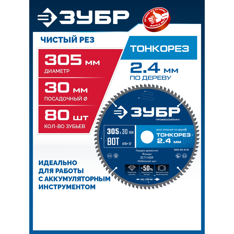 Диск пильный по дереву Тонкорез 305х30x2.4 мм, 80Т Зубр 36933-305-30-80