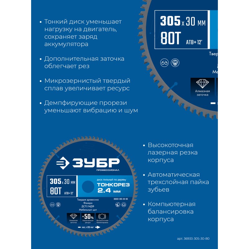 Диск пильный по дереву Тонкорез 305х30x2.4 мм, 80Т Зубр 36933-305-30-80